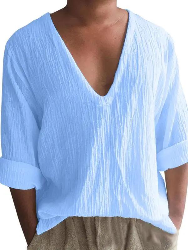 Elevated Comfort: Men's V-Neck Long Sleeve Washed Cotton T-Shirt in Versatile Solid Colors - MENLL